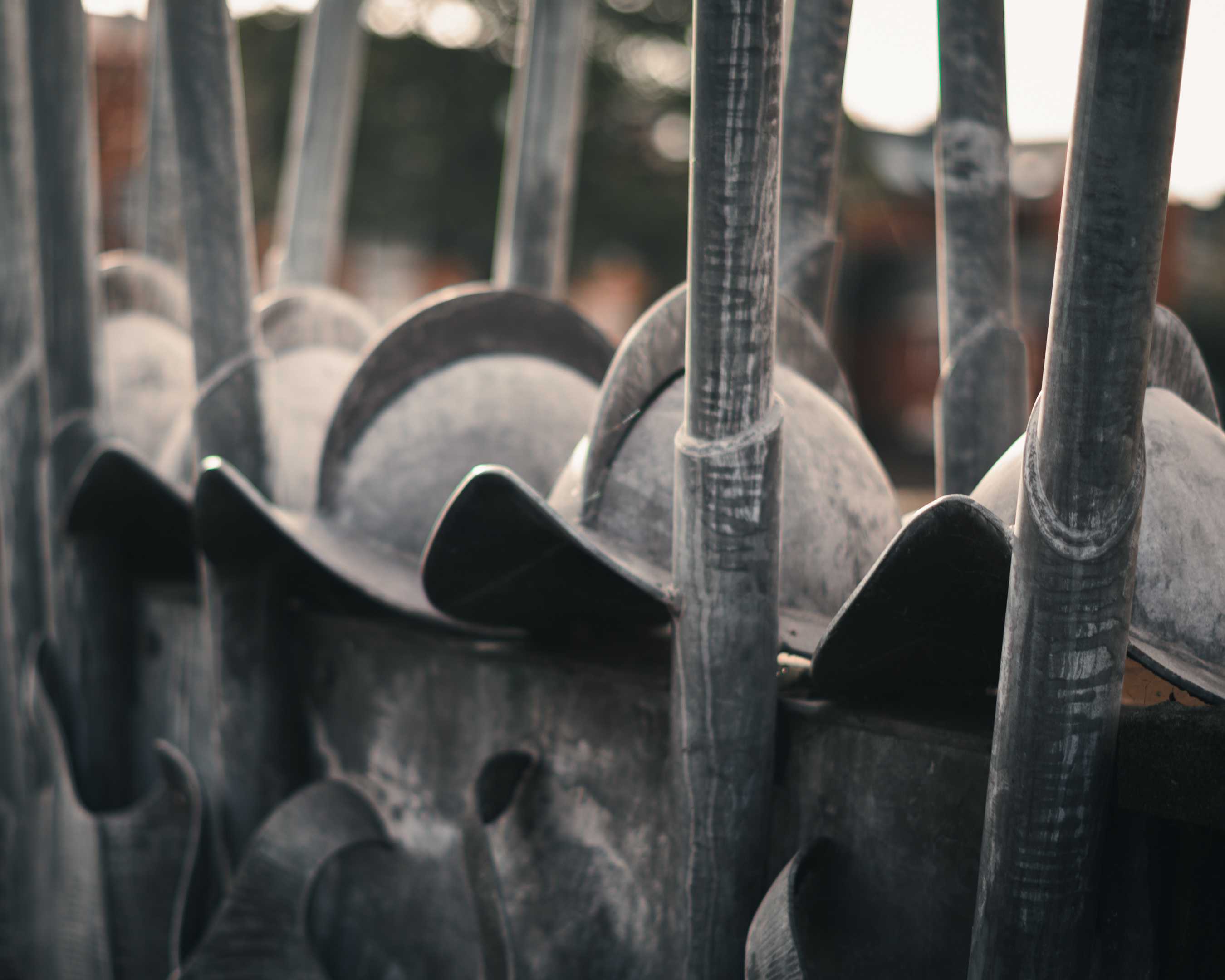 Photograph of English Civil War pikes and helmets across from the Commandery in Worcester.